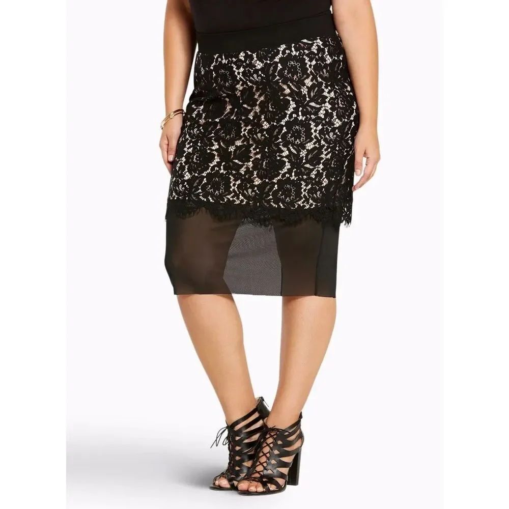 Womens Torrid Black Peek-A-Boo Lace Mesh Mixed Media Panel Pencil Skirt - Sz 0